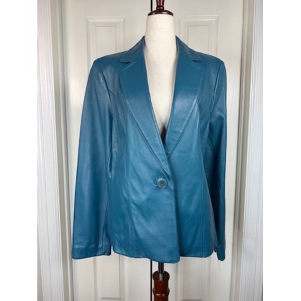 Valerie Stevens Turquoise Blue Leather Blazer Single Button Jacket Womens Large